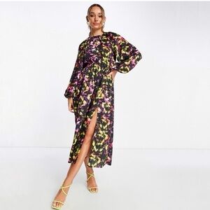 Topshop Open Back Neon Floral Midi Dress Size 14 Puffy Long Sleeves Ruffled Slit